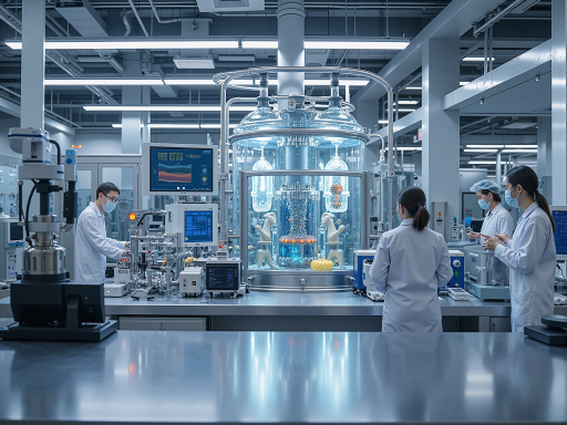 Professional engineering team working on microelectronics development, modern laboratory setting with high-tech equipment, diverse group of engineers in clean room environment